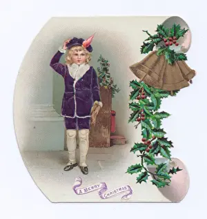 Little boy on a scroll-shaped Christmas card