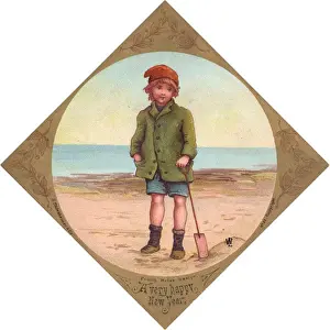 Little boy at the seaside on a New Year card