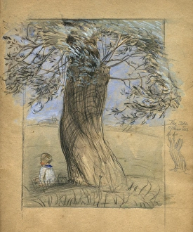 Little boy sitting under tree, by Muriel Dawson
