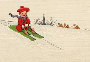Toboggan Prints: Little boy out sledging
