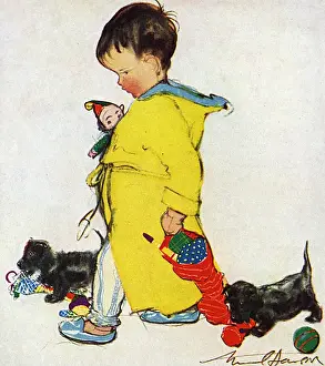 Little boy in yellow dressing gown by Muriel Dawson