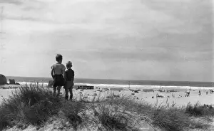 Dunes Prints: Little boys standing near the beach, Perranporth, Cornwall