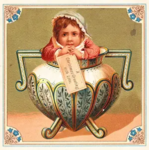 Corners Prints: Little child in a vase on a square Christmas card