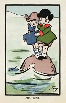 Decision Prints: Two little children wait to jump off a small rock