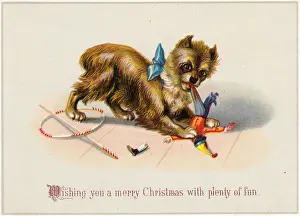 Biting Prints: Little dog destroying a doll on a Christmas card