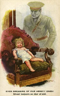 Little girl asleep, dreaming of her soldier father, WW1