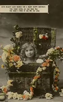 Hamper Prints: Little girl in basket, with flowers
