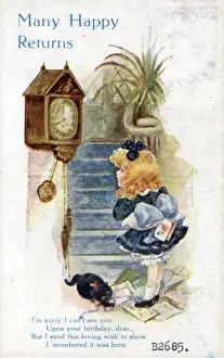 Little girl with black cat on a birthday postcard Date: circa 1918