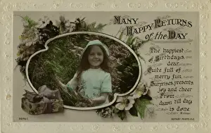 Little girl in blue on a birthday postcard