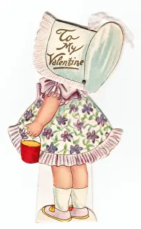 Little girl in a bonnet on a Valentine card