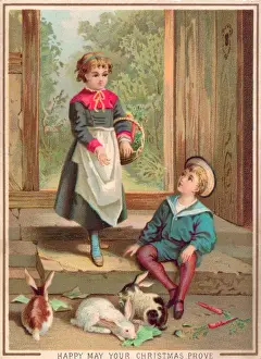 Lettuce Prints: Little girl and boy with rabbits on a Christmas card