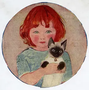 Headed Prints: Little girl with cat by Muriel Dawson