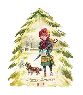 Little girl and dog on a tree-shaped Christmas card