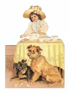 Teatime Collection: Little girl with two dogs on a cutout greetings card