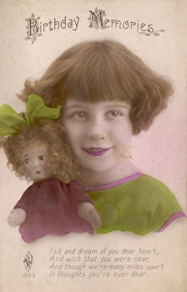 Images Dated 1st March 2012: Little girl and doll on a Birthday Memories postcard