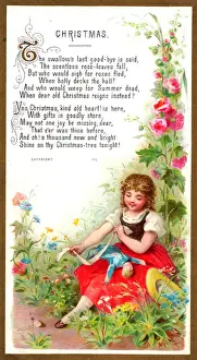 Little girl with her doll on a Christmas card