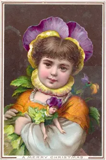 Bonnet Prints: Little girl with a doll on a Christmas card