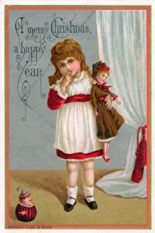 Little girl with a doll on a Christmas card