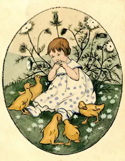 Duckling Prints: Little girl with ducklings