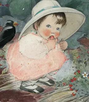 Strawberries Prints: Little girl eating strawberries by Muriel Dawson