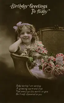 Elbow Prints: Little girl with flowers on a birthday postcard