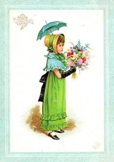 Images Dated 17th November 2015: Little girl with flowers on a Christmas card