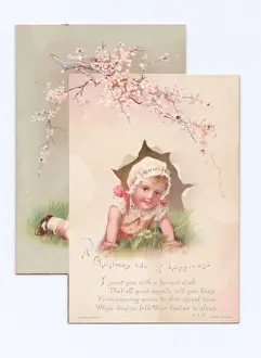 Crawling Prints: Little girl in a garden on a Christmas card