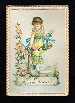 Images Dated 15th May 2018: Little girl in a garden with flowers on a Christmas card