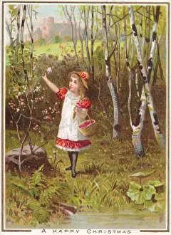 Little girl gathering flowers on a Christmas card