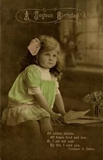 Images Dated 19th December 2011: Little girl in green dress on birthday postcard