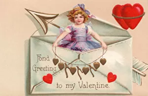 Images Dated 27th October 2015: Little girl with hearts in an envelope on a Valentine card