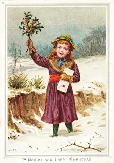 Little girl with holly on a Christmas card