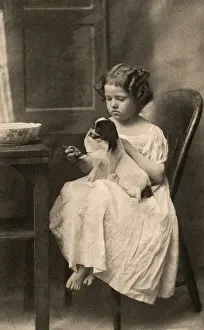 Spaniels Prints: Little girl with King Charles spaniel