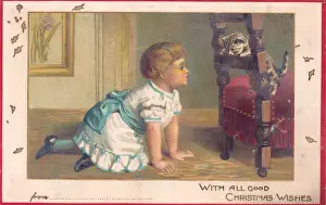 Crawling Prints: Little girl with a kitten on a Christmas card