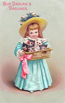 Images Dated 14th June 2018: Little girl with kittens in a basket on a postcard
