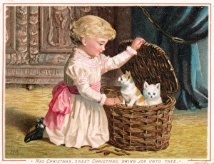 Two kittens with basket on a Christmas card