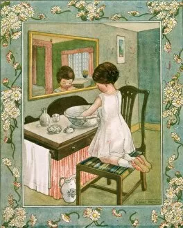Washes Collection: A little girl kneels on a chair and washes her hands in a basin. Date: 1920s?
