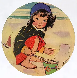 Sandcastle Prints: Little girl making sandcastles by Muriel Dawson