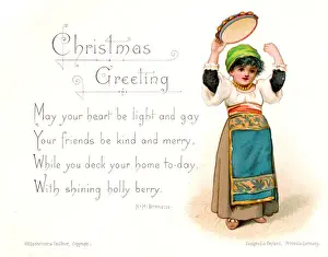 Tambourine Prints: Little girl in peasant costume on a Christmas card