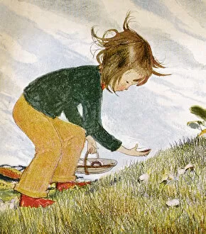 Mushrooms Gallery: Little girl picking mushrooms by Muriel Dawson