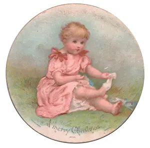 Sock Prints: Little girl in pink on a circular Christmas card