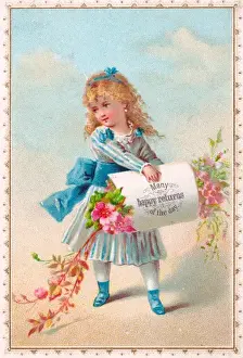 Sash Prints: Little girl with pink flowers on a birthday card