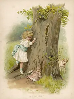 Little girl playing hide and seek with doll and dog