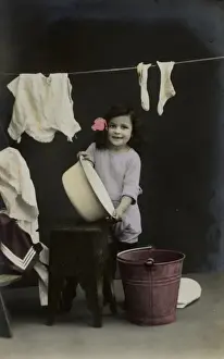 Chore Prints: Little girl on a postcard, hanging up the washing