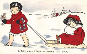 Images Dated 23rd March 2018: Little girl being pulled along in a sledge by her friend