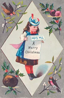 Puddings Gallery: Little girl reading newspaper on a Christmas card