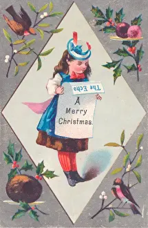 Puddings Prints: Little girl reading newspaper on a Christmas card