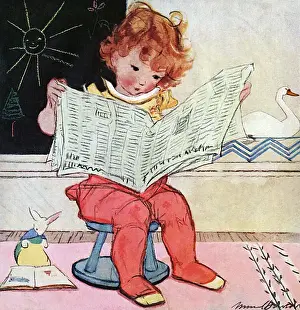 Blackboard Prints: Little girl reading newspaper by Muriel Dawson