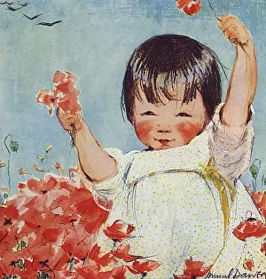 Posy Prints: Little girl with red flowers by Muriel Dawson