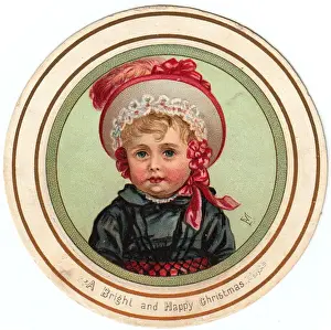 Little girl in red and white hat on circular Christmas card